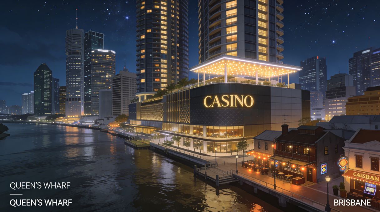 Night-time view of Brisbane’s Queen’s Wharf and The Star Brisbane casino resort on the riverfront, with illuminated hotel towers, Sky Deck and nearby city pubs suggesting local pokies venues.