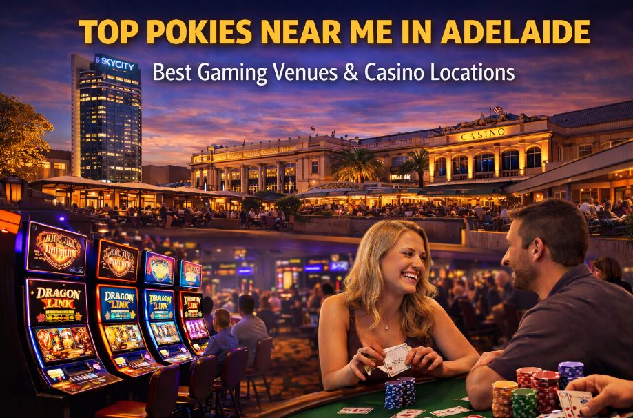 Top pokies near me in Adelaide featuring Adelaide Casino SkyCity building, suburban hotel gaming room with slot machines, and poker table players at night in South Australia