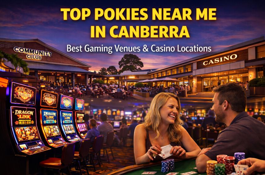 Top pokies near me in Canberra featuring community club gaming venue, casino building, slot machines and poker table players at night in ACT Australia