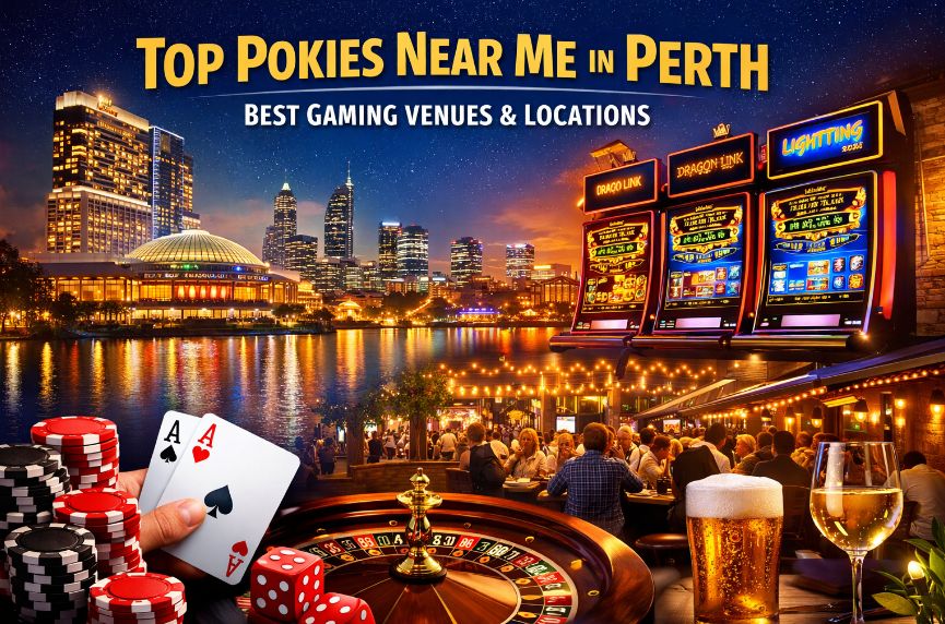 Top pokies near me in Perth featuring Crown Perth skyline, modern slot machines, and a vibrant gaming venue atmosphere in Western Australia