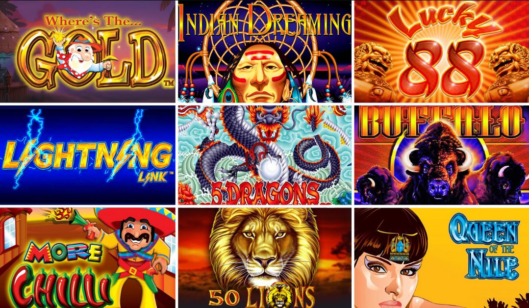 Collection of popular Aristocrat pokies games including Where’s The Gold, Indian Dreaming, Lucky 88, Lightning Link, 5 Dragons, Buffalo, More Chilli, 50 Lions, and Queen of the Nile, featuring colorful slot machine graphics, themed symbols, and classic casino gameplay visuals