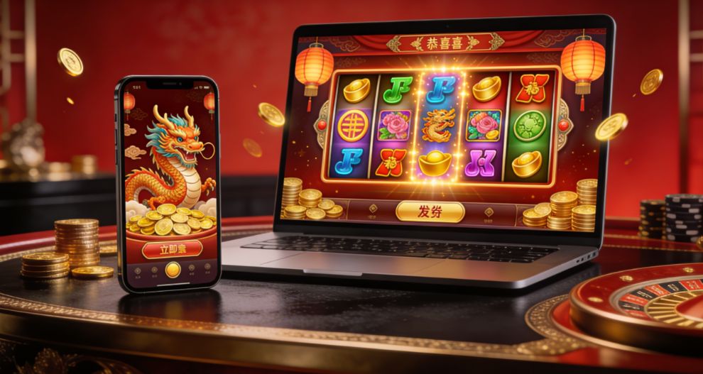 Dragon Link pokies hero banner showing a dragon-themed slot game on laptop and smartphone, with gold coins, lantern accents and jackpot-style glow.