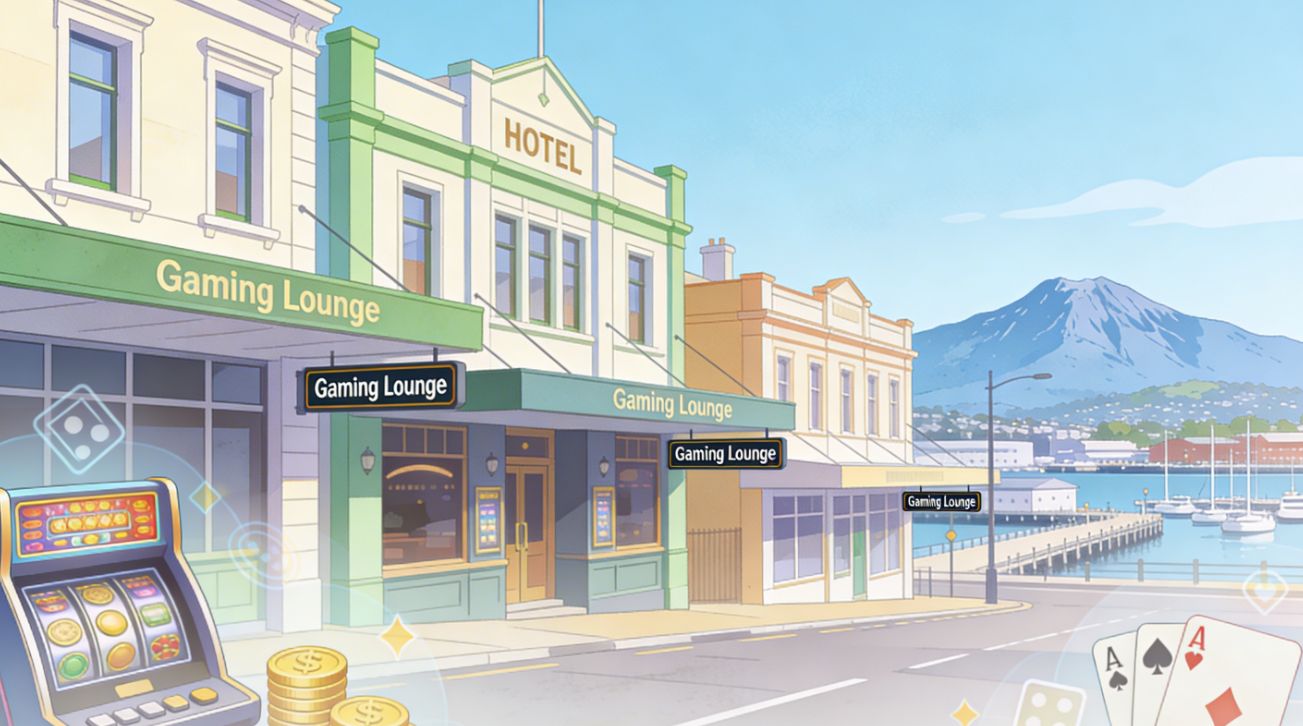 Light illustration of Hobart street with pubs and hotels, gaming lounge signs and Mount Wellington in the background for a pokies venues guide