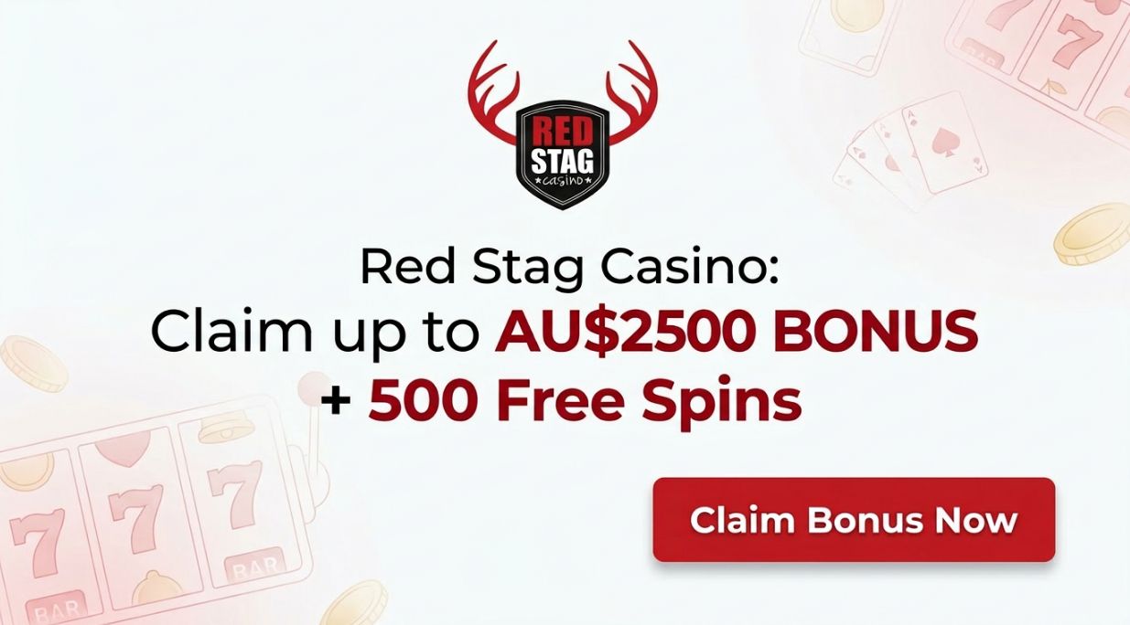 Modern light promo banner showing Red Stag Casino logo with text “Red Stag Casino: Claim up to AU$2500 BONUS + 500 Free Spins” and red “Claim Bonus Now” button for Australian players