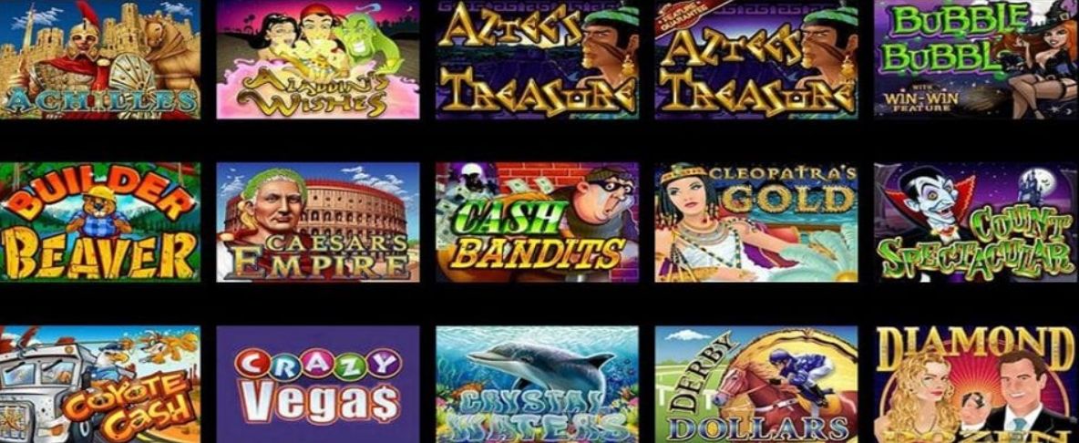 Collage of the best RTG pokies logos including Achilles, Aladdin’s Wishes, Aztec’s Treasure, Bubble Bubble, Builder Beaver, Caesar’s Empire, Cash Bandits, Cleopatra’s Gold, Count Spectacular, Coyote Cash, Crazy Vegas, Crystal Waters, Derby Dollars and Diamond Dozen slot games