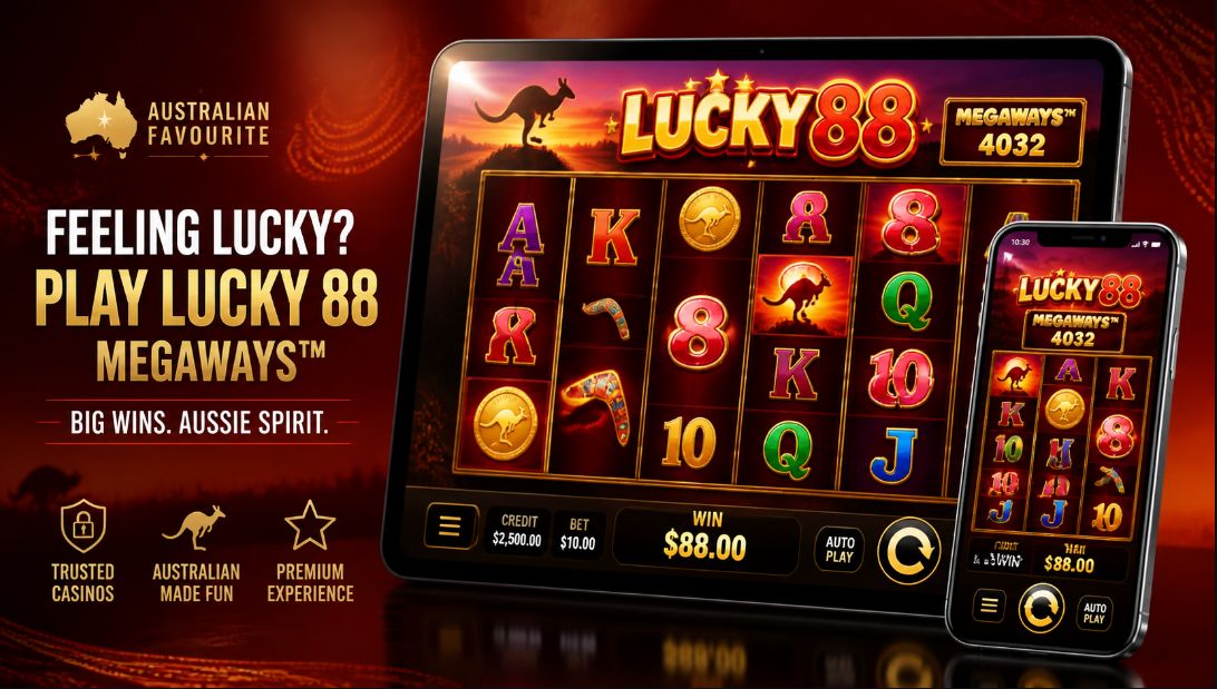 Lucky 88 pokie on tablet and mobile phone with Australian symbols on screen