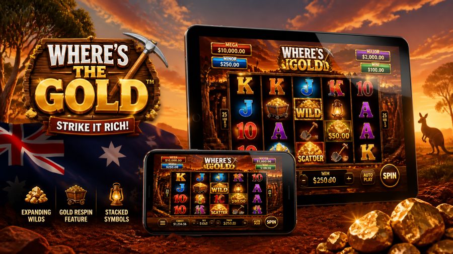 Where’s the Gold pokie on a mobile phone and tablet with Australian-themed gold mining elements and outback background