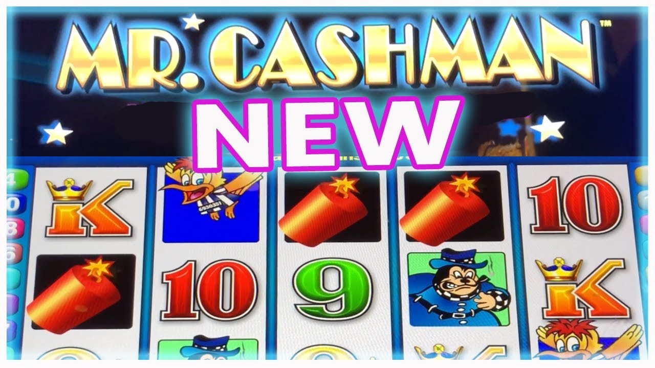 Mr Cashman Aristocrat pokie game screen featuring five reels, classic symbols, cash-themed artwork, and a new game announcement.