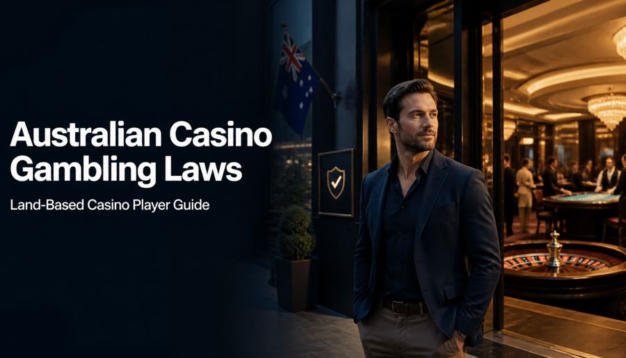 Adult Australian casino visitor near a modern land-based casino entrance with roulette and blackjack visuals, representing Australian casino gambling laws and responsible play.