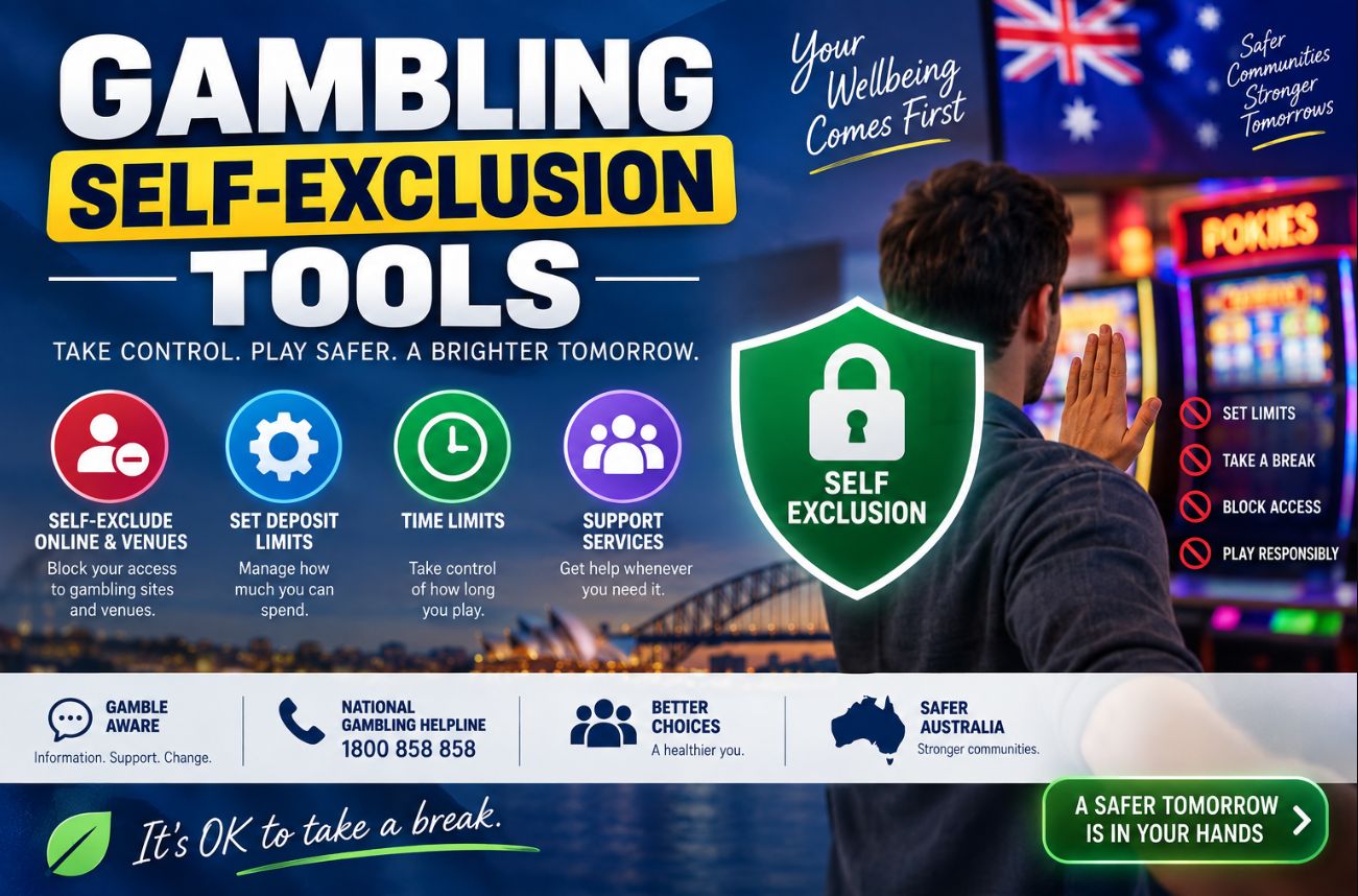 Gambling self-exclusion tools in Australia showing deposit limits, time limits, access blocking and support services