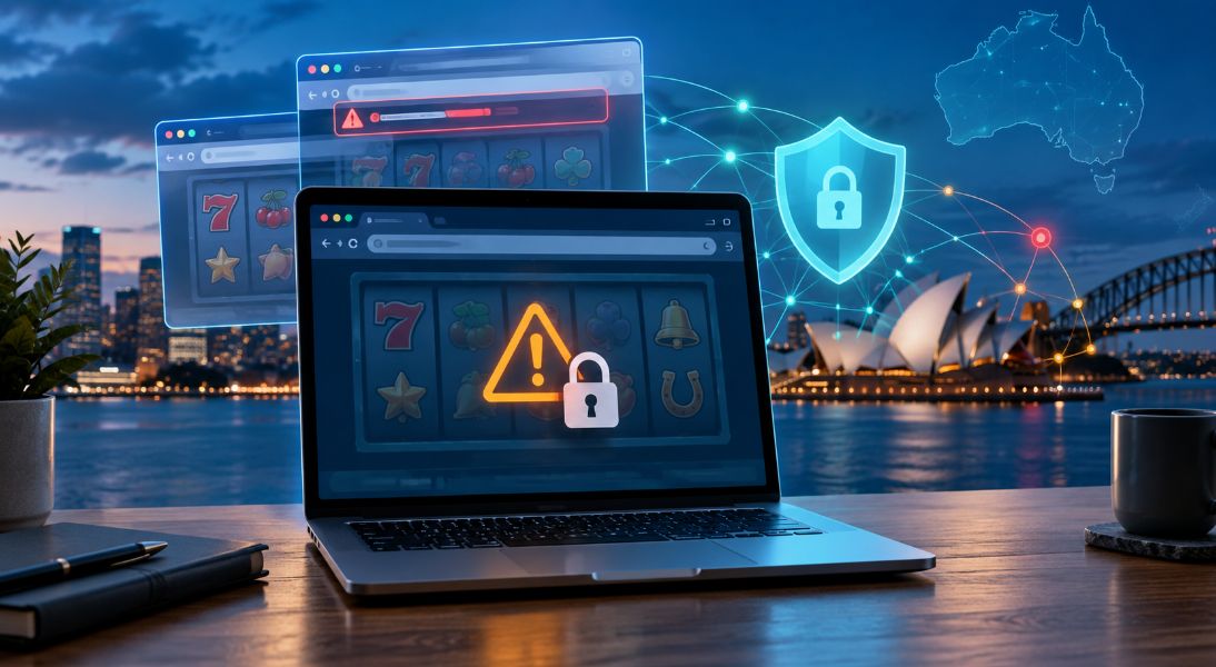 Laptop displaying pokies and security warnings beside duplicate browser windows, illustrating VPN and casino mirror risks in Australia.
