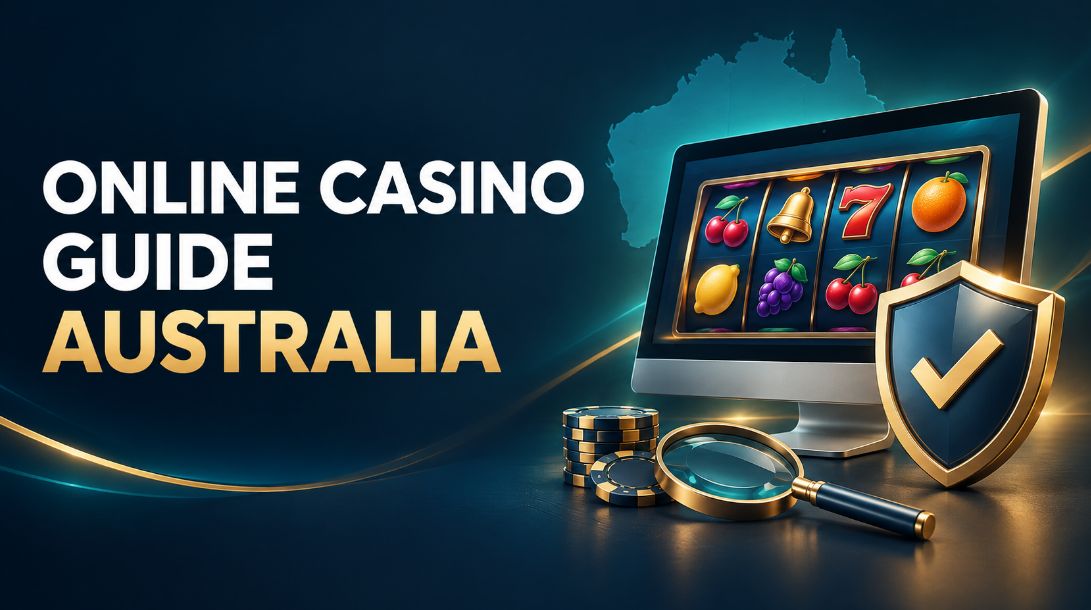 Online Casino Guide Australia banner with pokies reels, a protective shield and an outline of Australia on a navy background.