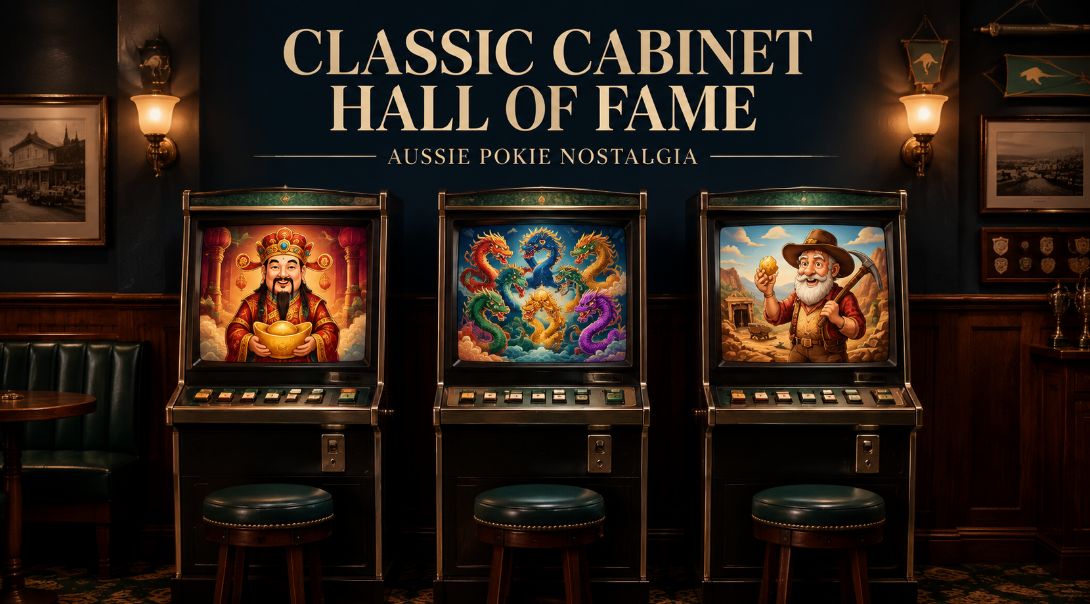 Three vintage-inspired pokie cabinets with wealth deity, dragon and gold prospector themes beneath a Classic Cabinet Hall of Fame headline.
