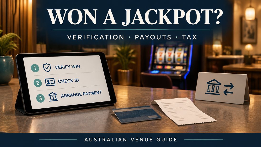 Tablet showing a jackpot payout checklist beside an ID card and receipt at an Australian gaming venue cashier counter.