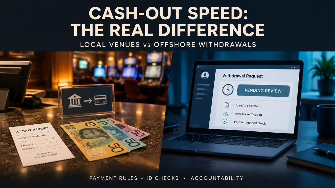 Gaming venue cashier counter with a payout receipt beside a laptop showing “Pending Review”, comparing local payouts with offshore withdrawals.