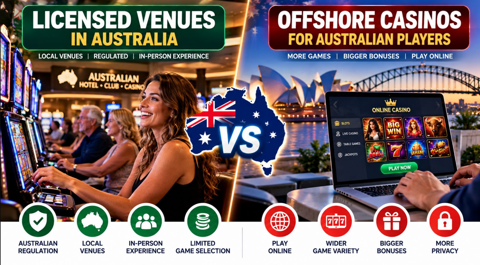 Licensed venues vs offshore casinos in Australia comparing regulation, game selection, bonuses and online access