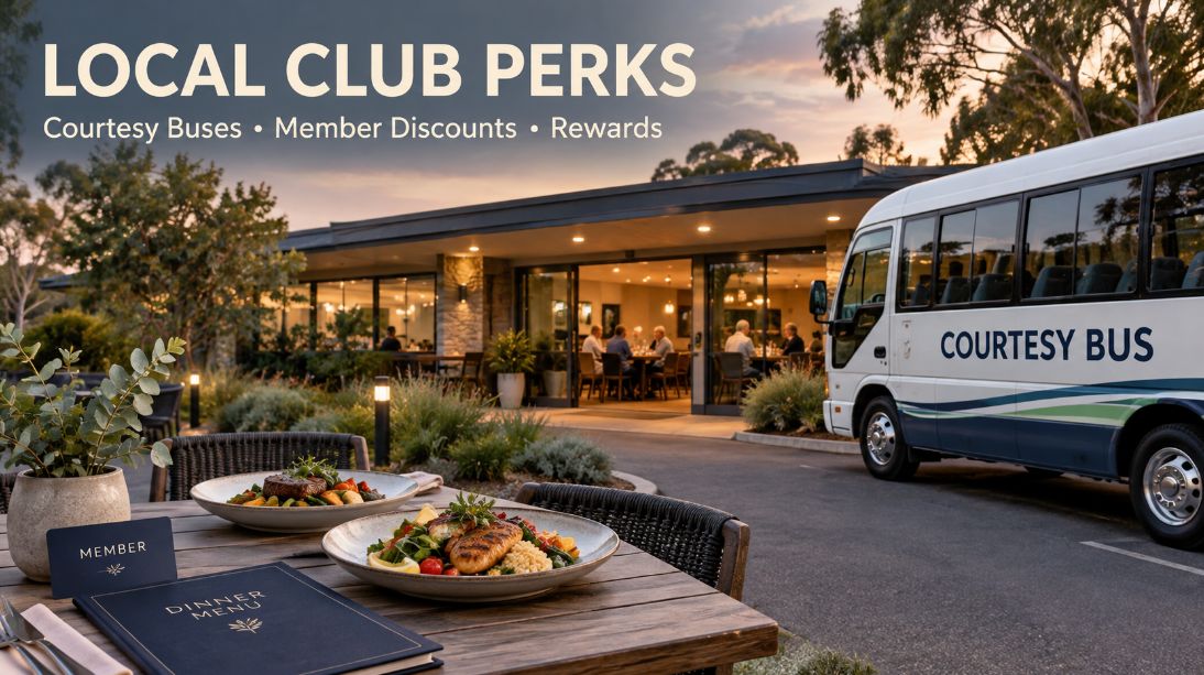 Courtesy bus outside an Australian community club, with a membership card and plated meals on an outdoor dining table.