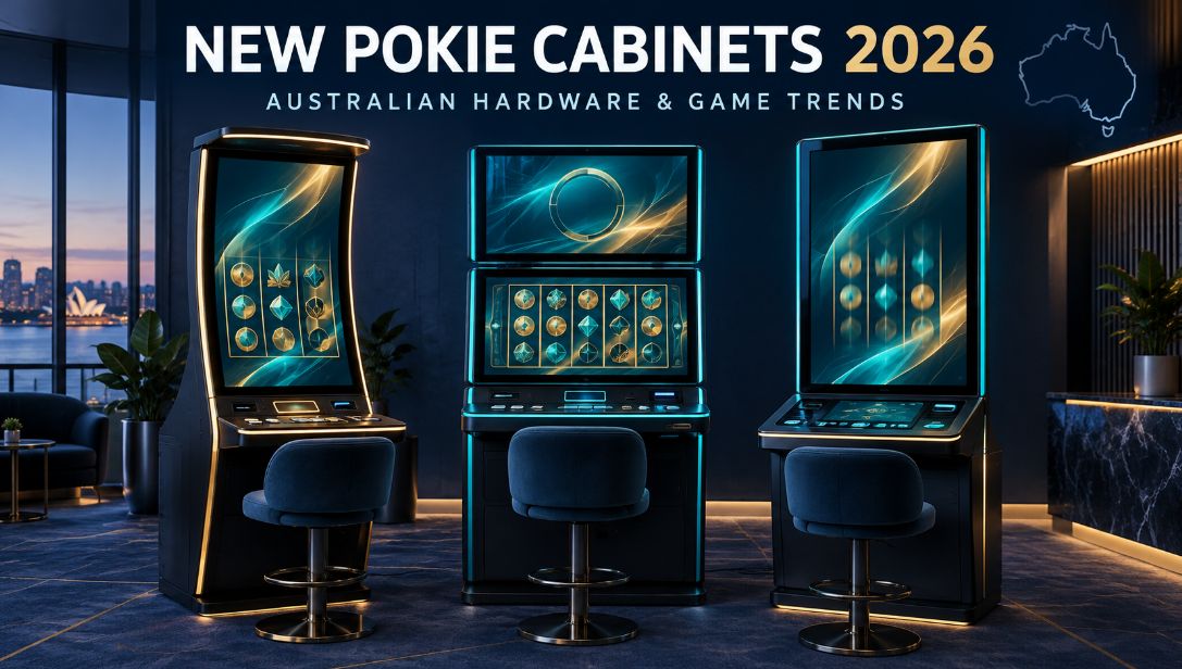 Conceptual illustration of portrait and dual-screen pokie cabinets in an Australian gaming room, highlighting hardware trends for 2026.