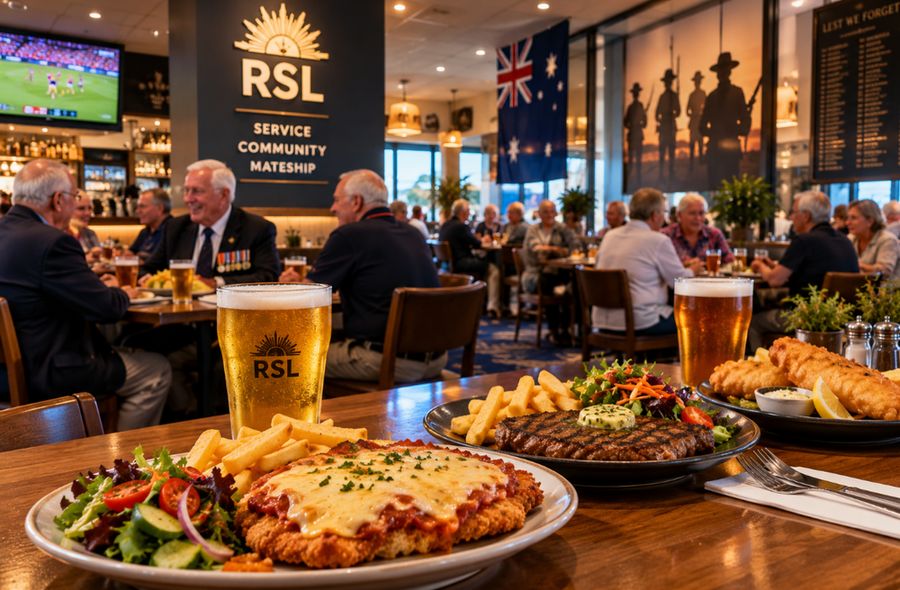 Australian RSL bistro with schnitzel, steak, fish and chips, beer, and veterans socialising in a welcoming community dining room.