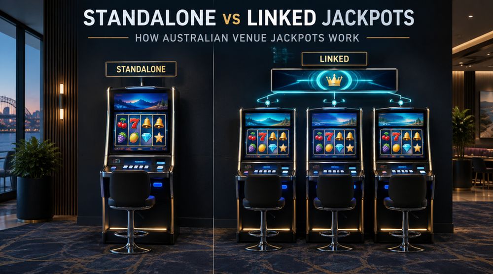 Standalone pokie machine beside three linked machines sharing an overhead jackpot display, illustrating Australian venue jackpot structures.